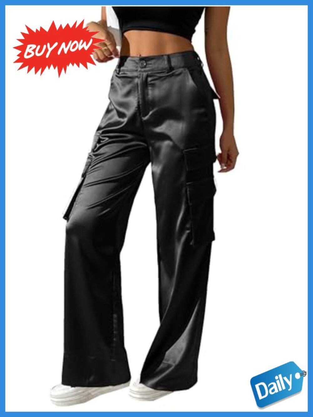 Satin Wide Leg Cargo Pants High Waist Pocketed Party Dressy Casual Trousers